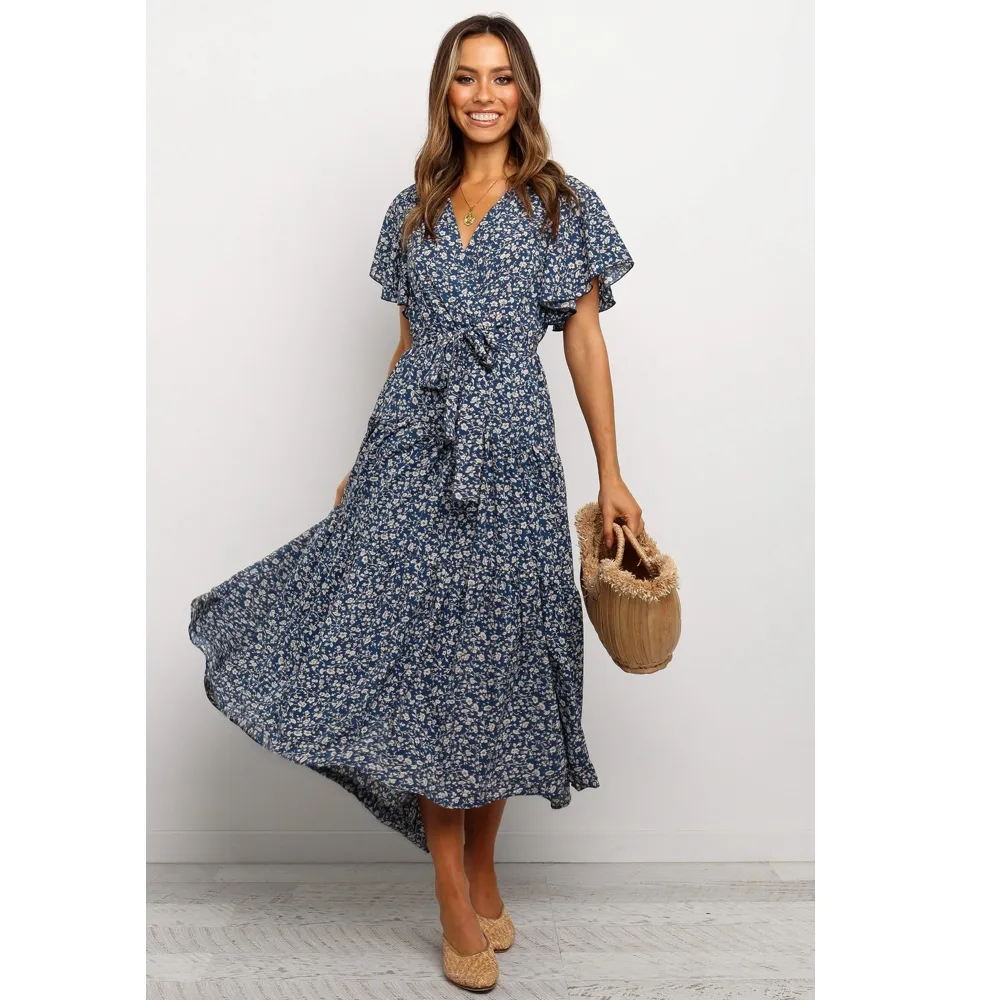 Women Short Sleeves V Neck Midi Dresses