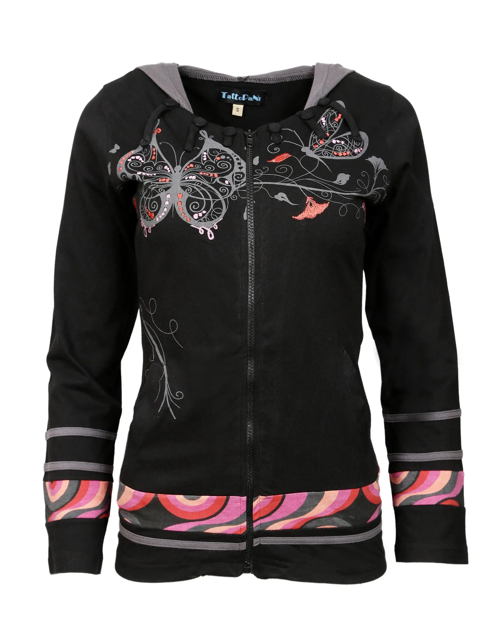 womens-black-long-sleeve-sinker-jacket-with-colorful-butterfly-print