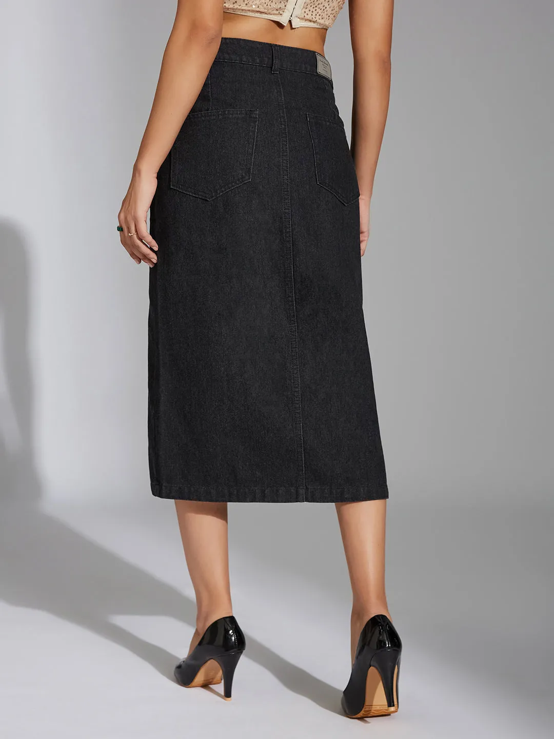 Women's Black Straight-Fit High-Rise Stretchable Denim Midi Skirt