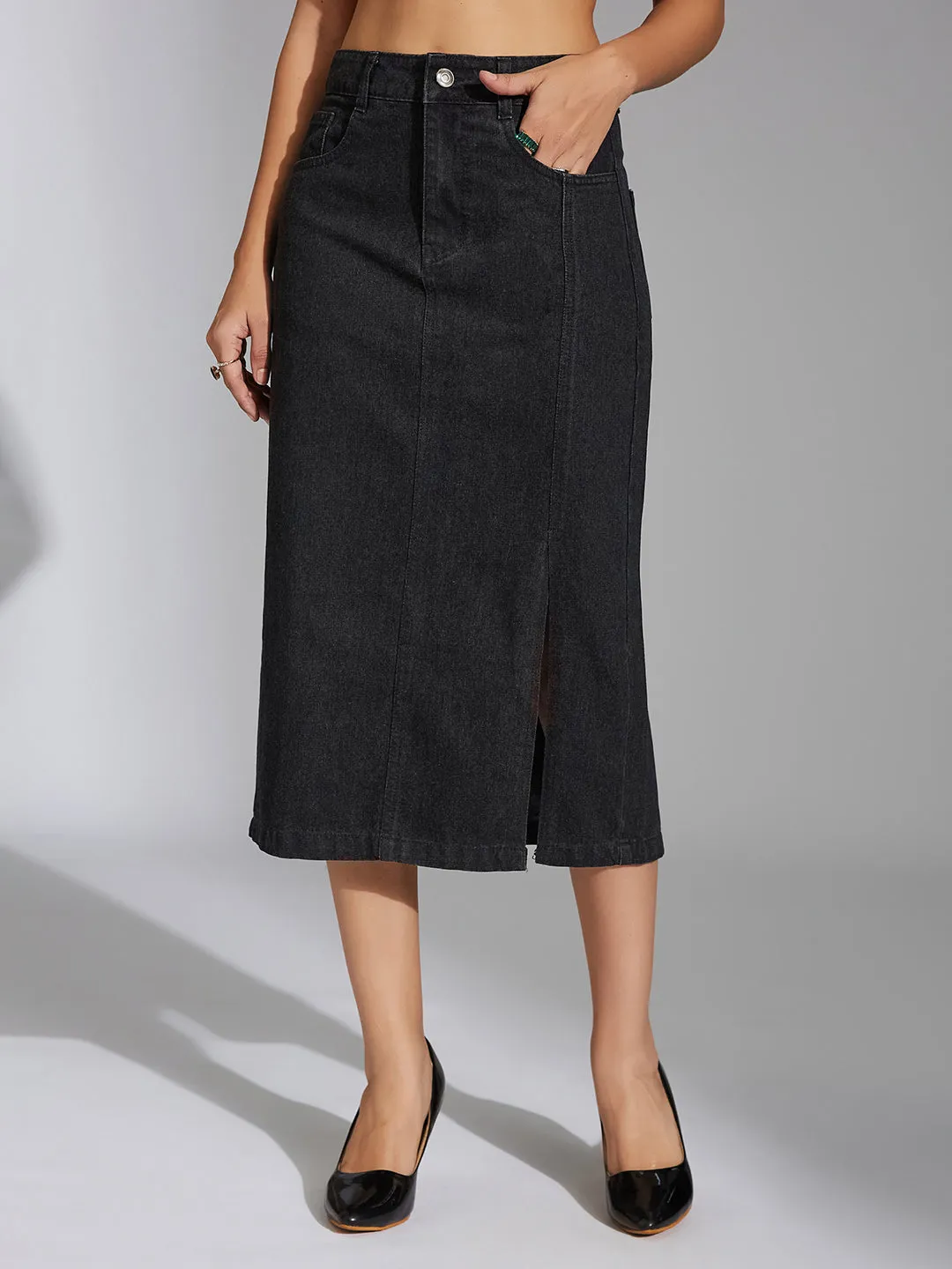 Women's Black Straight-Fit High-Rise Stretchable Denim Midi Skirt