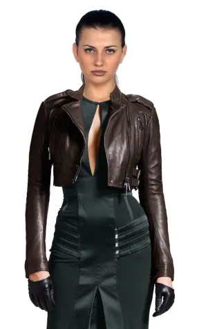 Women's Brown Cropped Leather Jacket WJ048