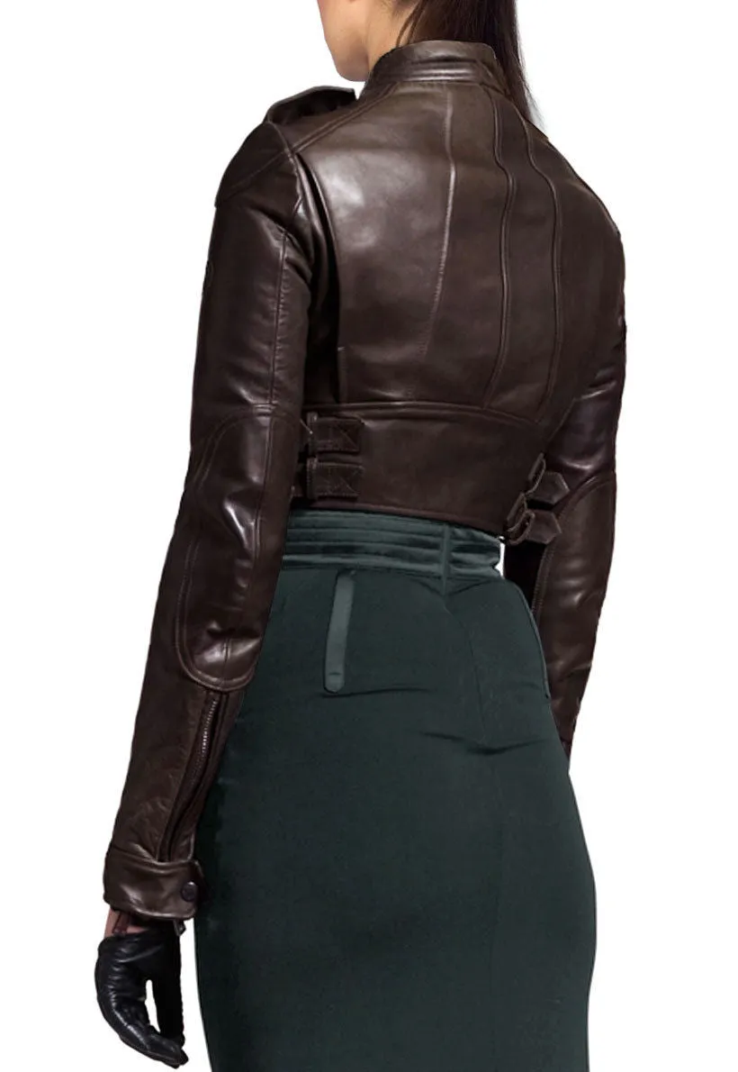 Women's Brown Cropped Leather Jacket WJ048