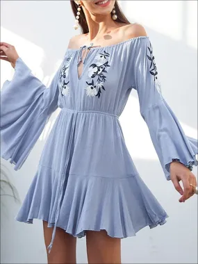 Women's Embroidered Flare Sleeve Off The Shoulder Dress