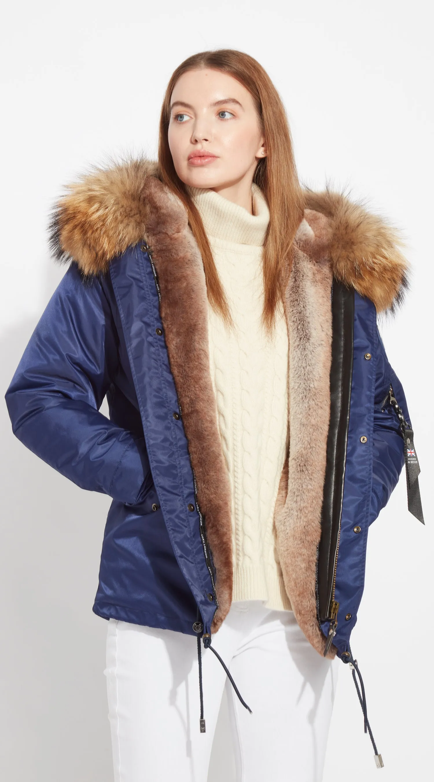 Womens Navy Water-Repellent Luxy Fur Parka - Natural