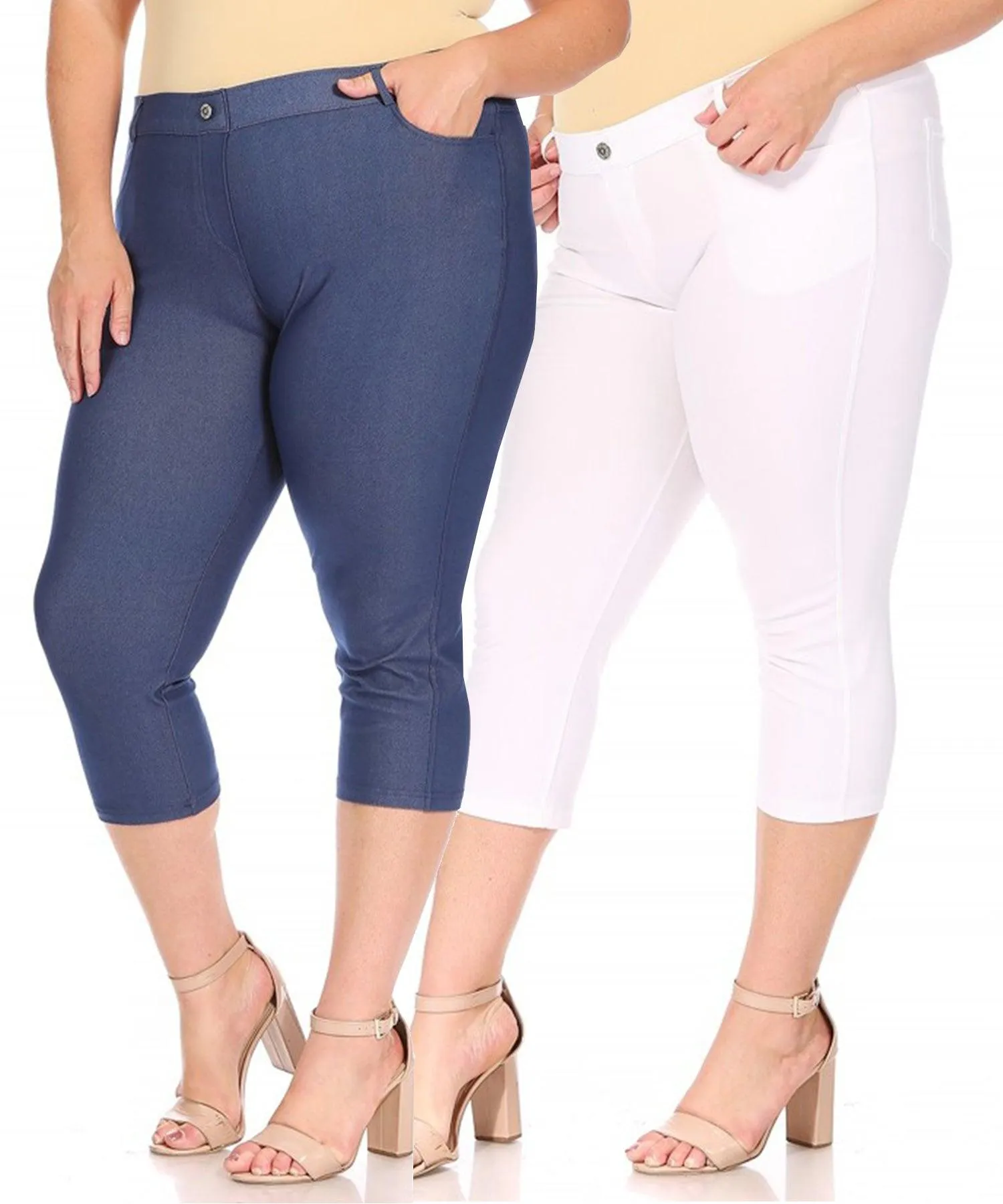 Women's Plus Size Casual Comfy Slim Pocket Jeggings Jeans Capri Leggings Pants Pack of 2