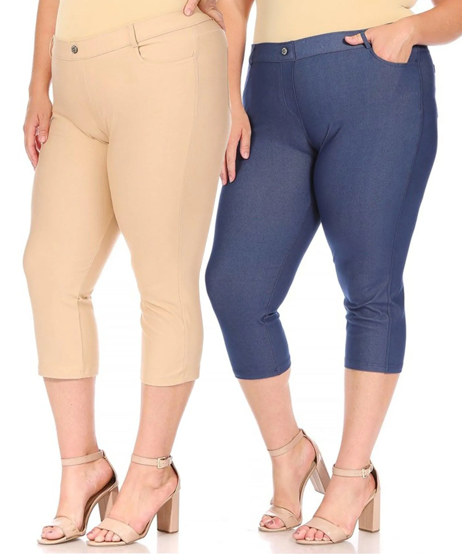 Women's Plus Size Casual Comfy Slim Pocket Jeggings Jeans Capri Leggings Pants Pack of 2