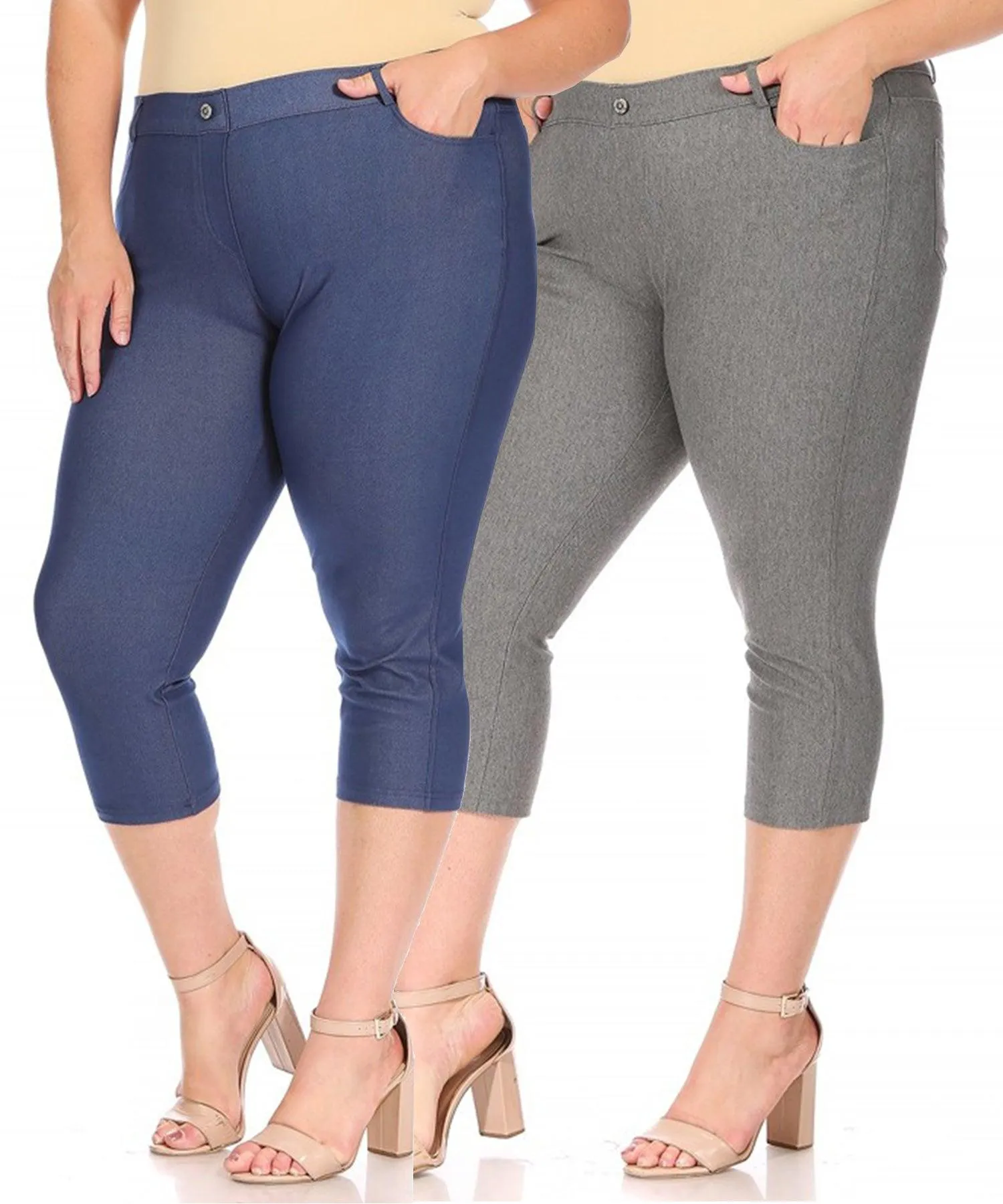 Women's Plus Size Casual Comfy Slim Pocket Jeggings Jeans Capri Leggings Pants Pack of 2