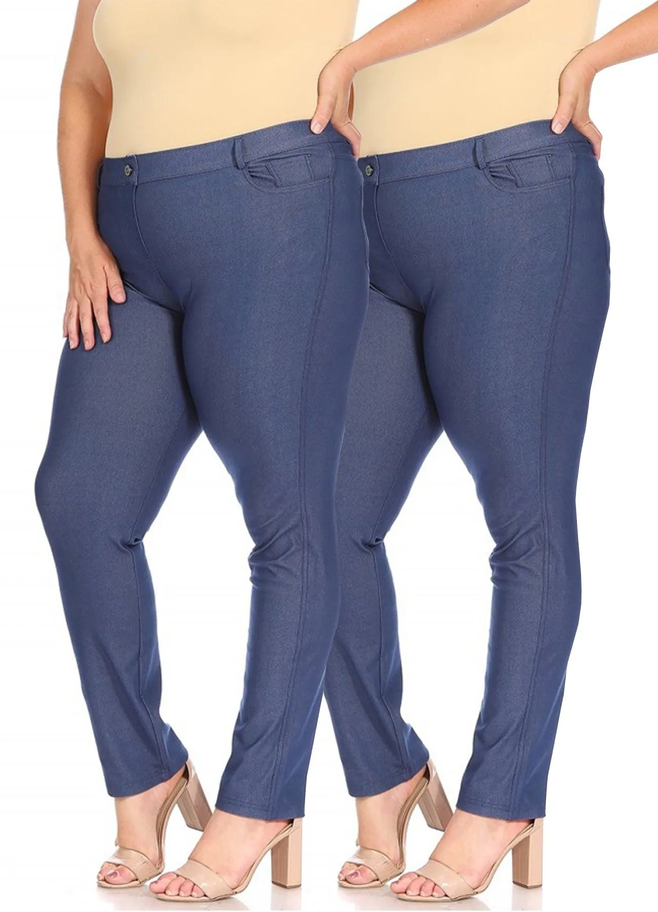 Women's Plus Size Comfy Slim Pocket Jeggings Jeans Pants with Button Pack of 2