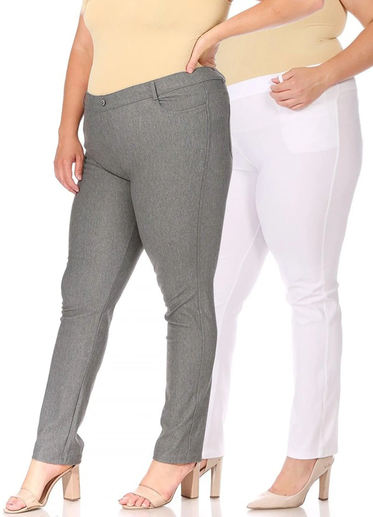 Women's Plus Size Comfy Slim Pocket Jeggings Jeans Pants with Button Pack of 2