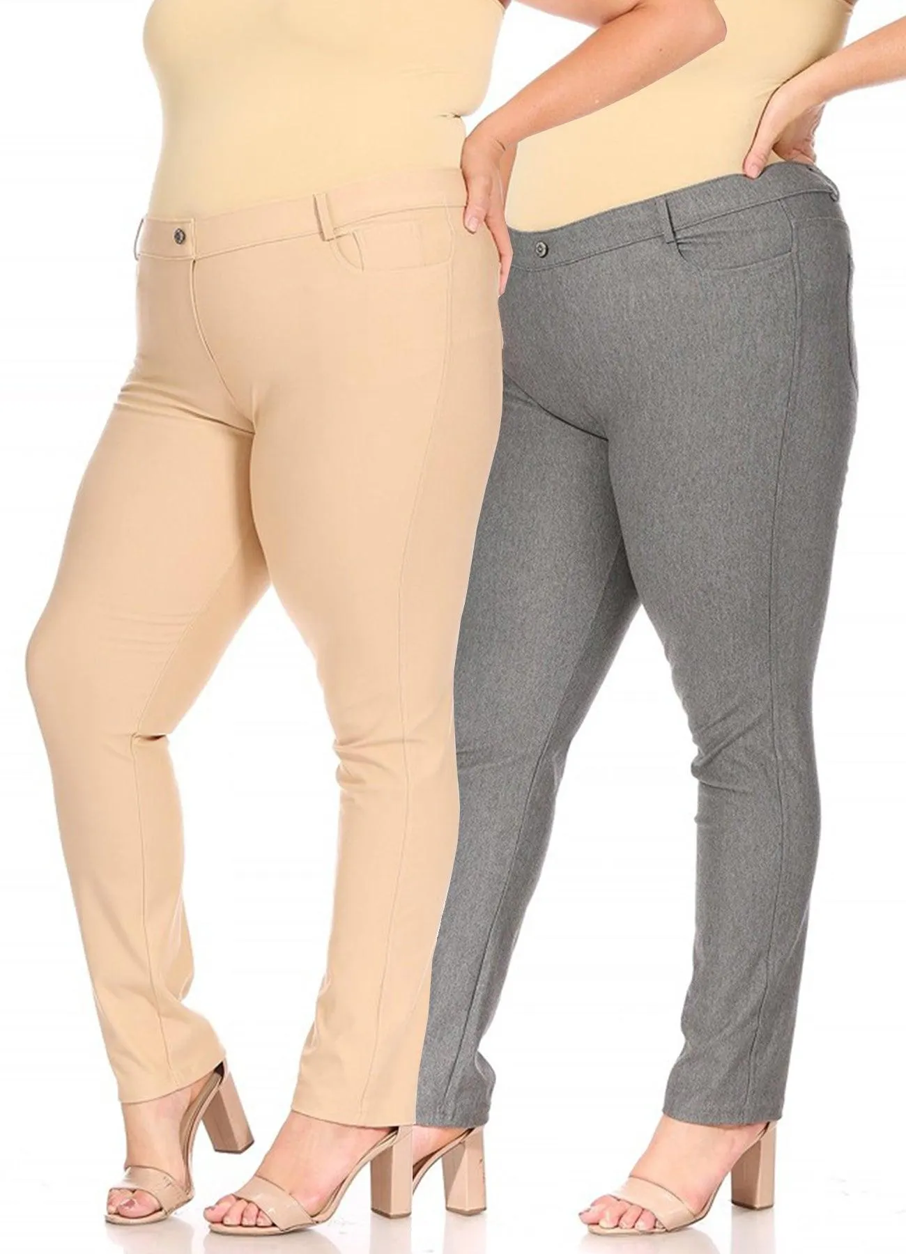 Women's Plus Size Comfy Slim Pocket Jeggings Jeans Pants with Button Pack of 2