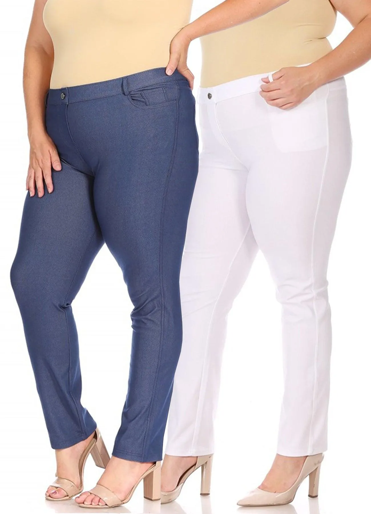 Women's Plus Size Comfy Slim Pocket Jeggings Jeans Pants with Button Pack of 2