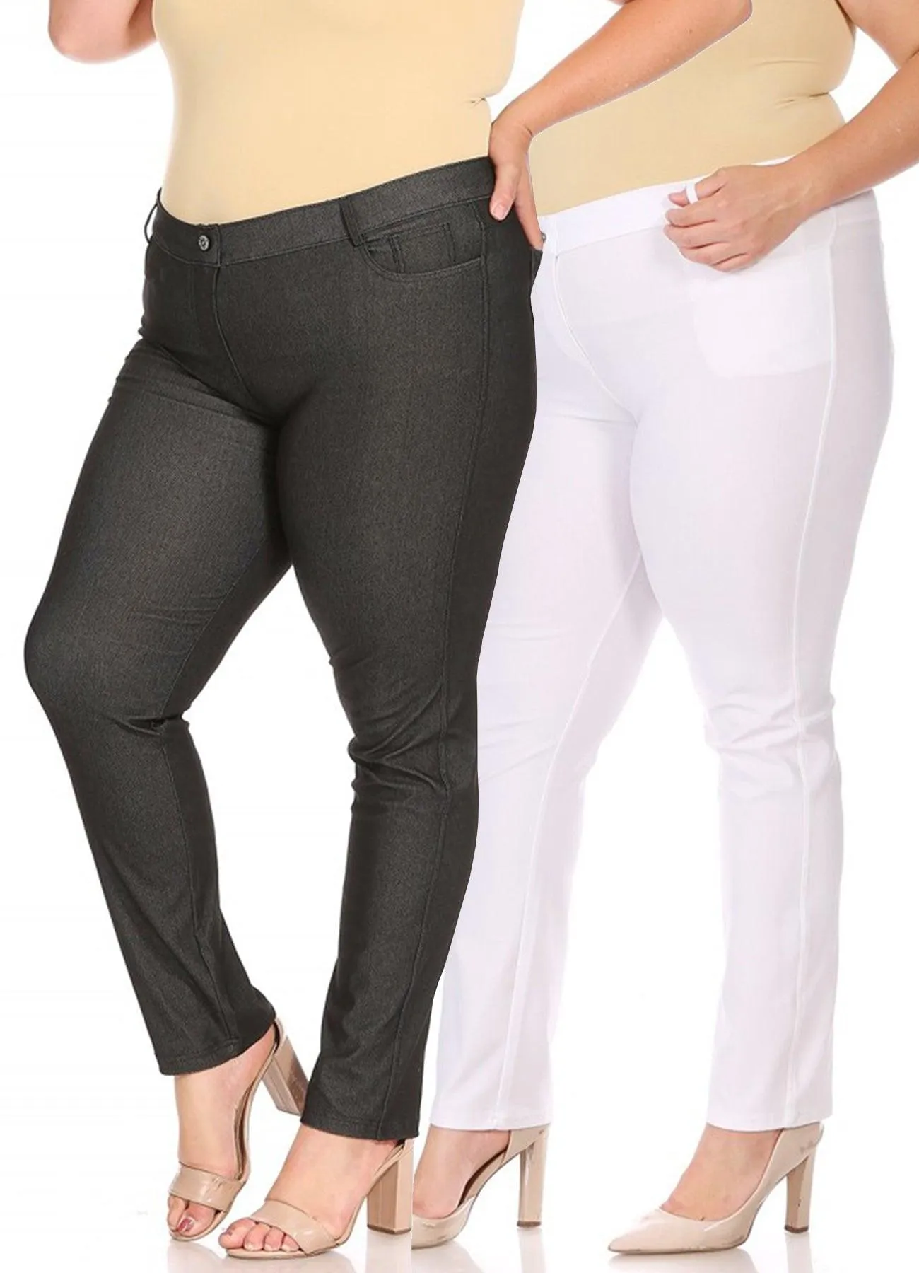 Women's Plus Size Comfy Slim Pocket Jeggings Jeans Pants with Button Pack of 2