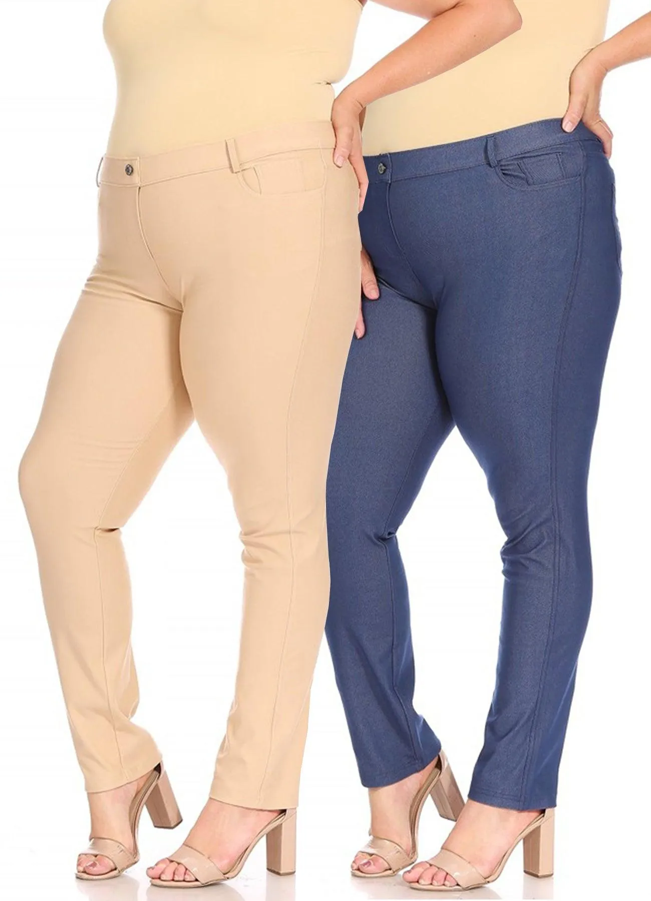 Women's Plus Size Comfy Slim Pocket Jeggings Jeans Pants with Button Pack of 2