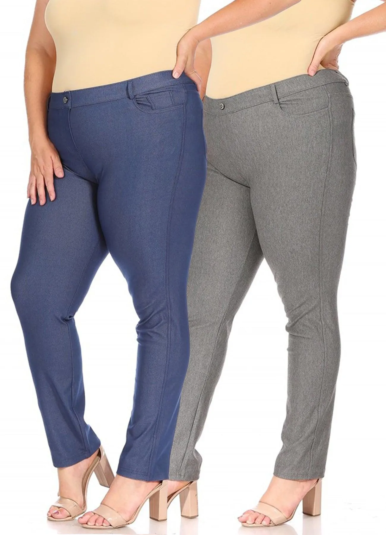 Women's Plus Size Comfy Slim Pocket Jeggings Jeans Pants with Button Pack of 2