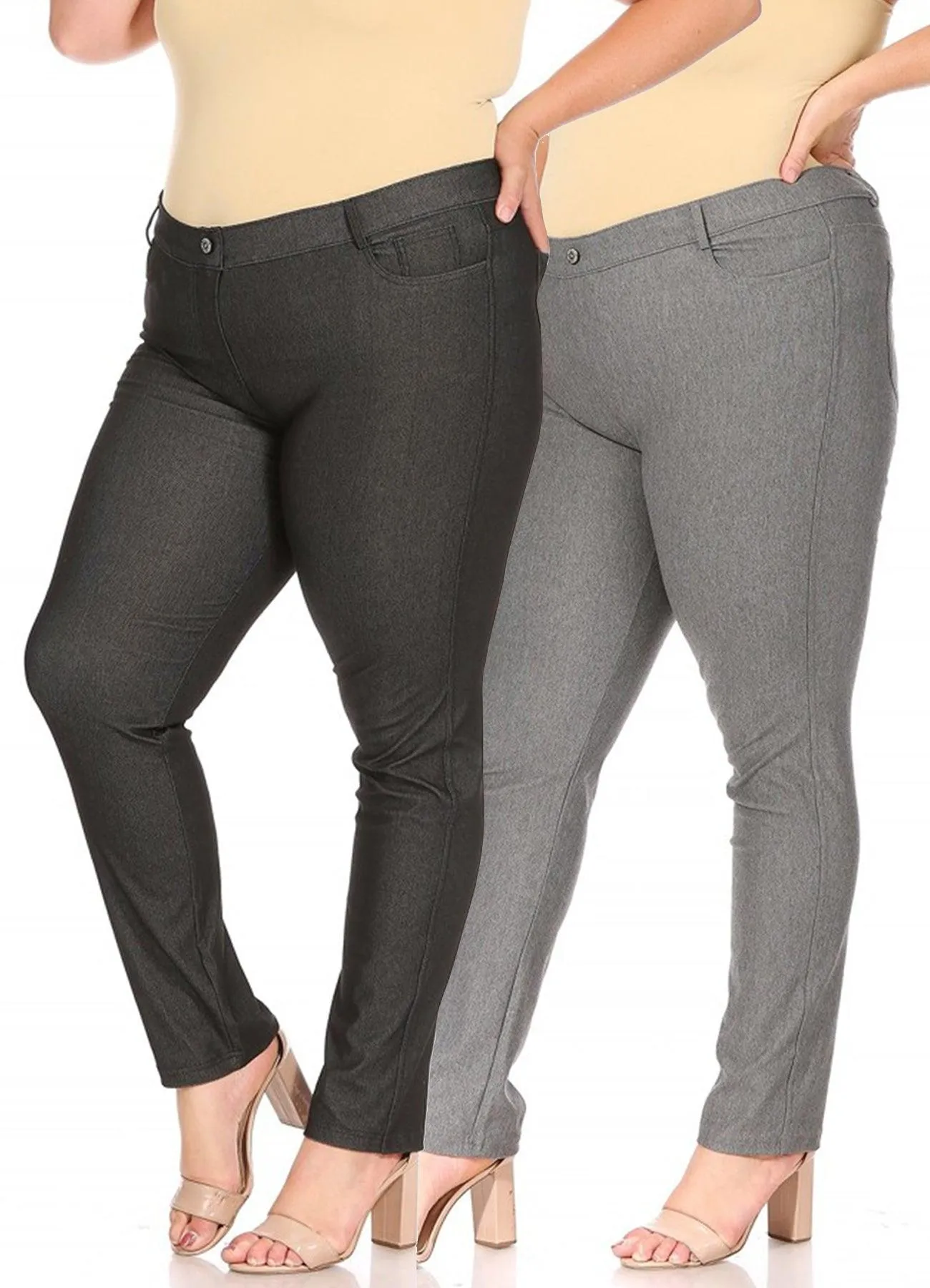 Women's Plus Size Comfy Slim Pocket Jeggings Jeans Pants with Button Pack of 2