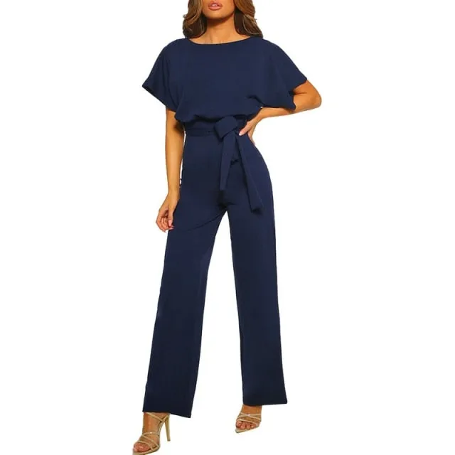 Women's Short Sleeve Straight Leg Jumpsuit With Belt