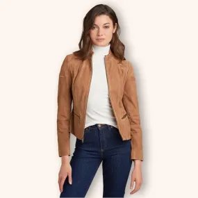 Women's Tan Brown Suede Leather Biker Jacket