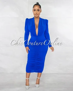 Yelena Royal Blue Deep V-Neck Ruched Midi Dress