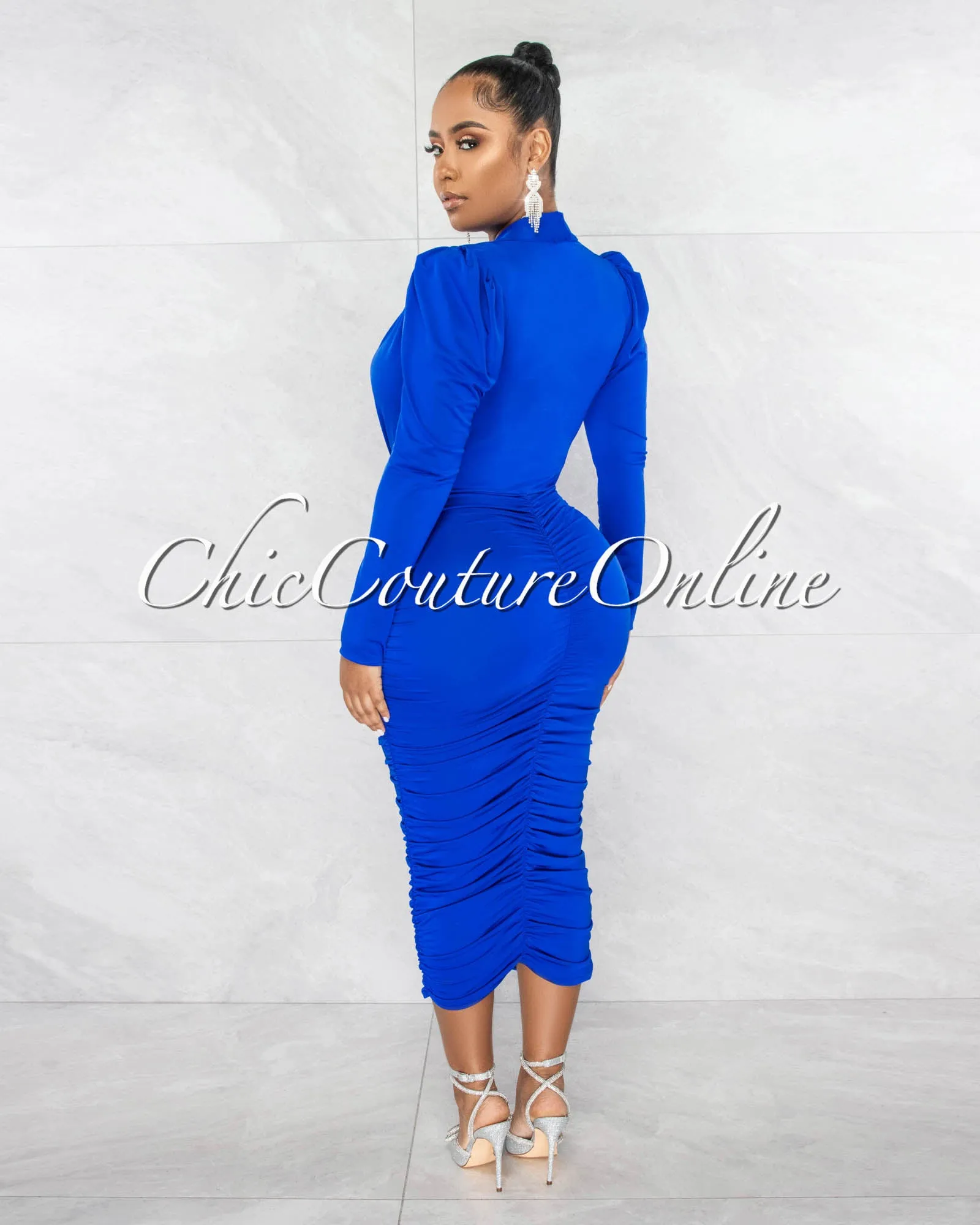 Yelena Royal Blue Deep V-Neck Ruched Midi Dress