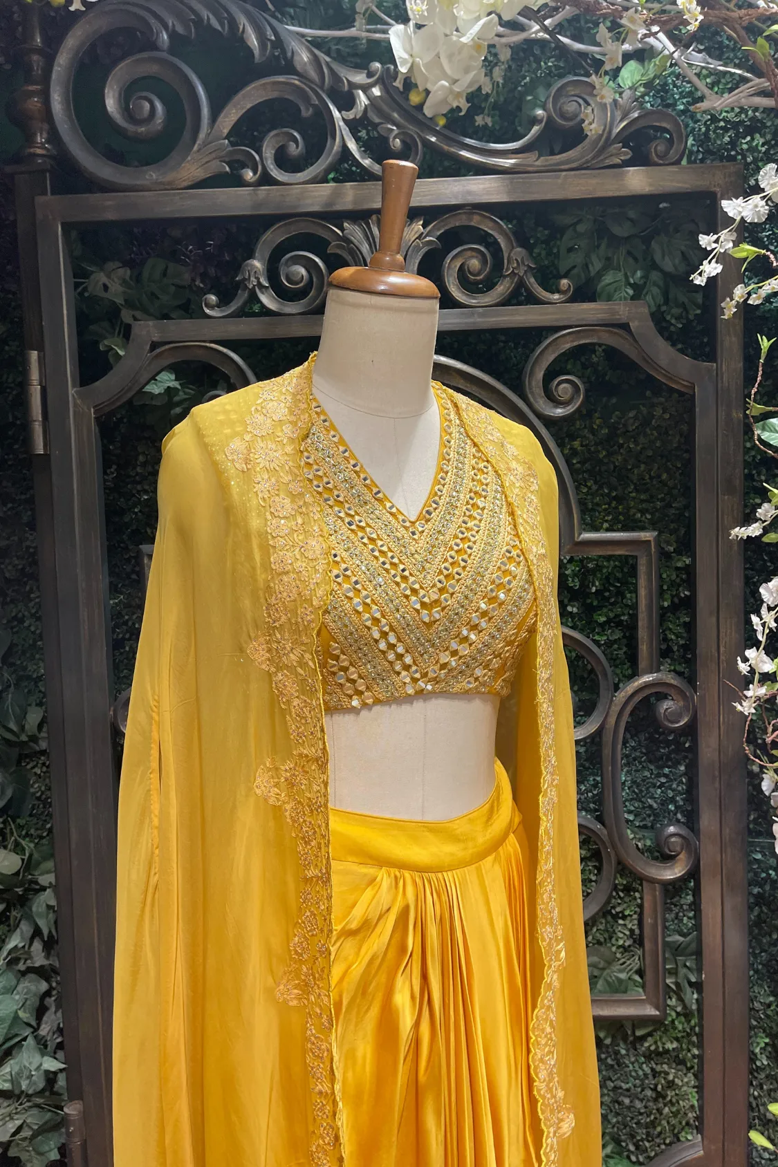 Yellow Embroidered Blouse Drape Skirt Set With Cape