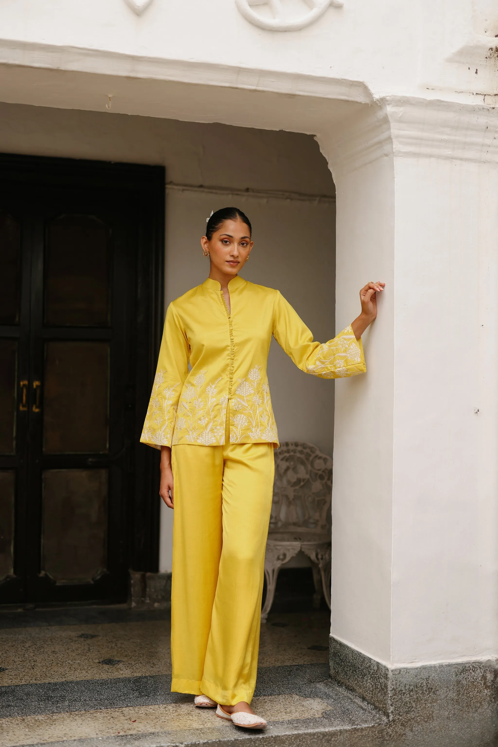 Yellow Embroidered Coat with Wide Pants