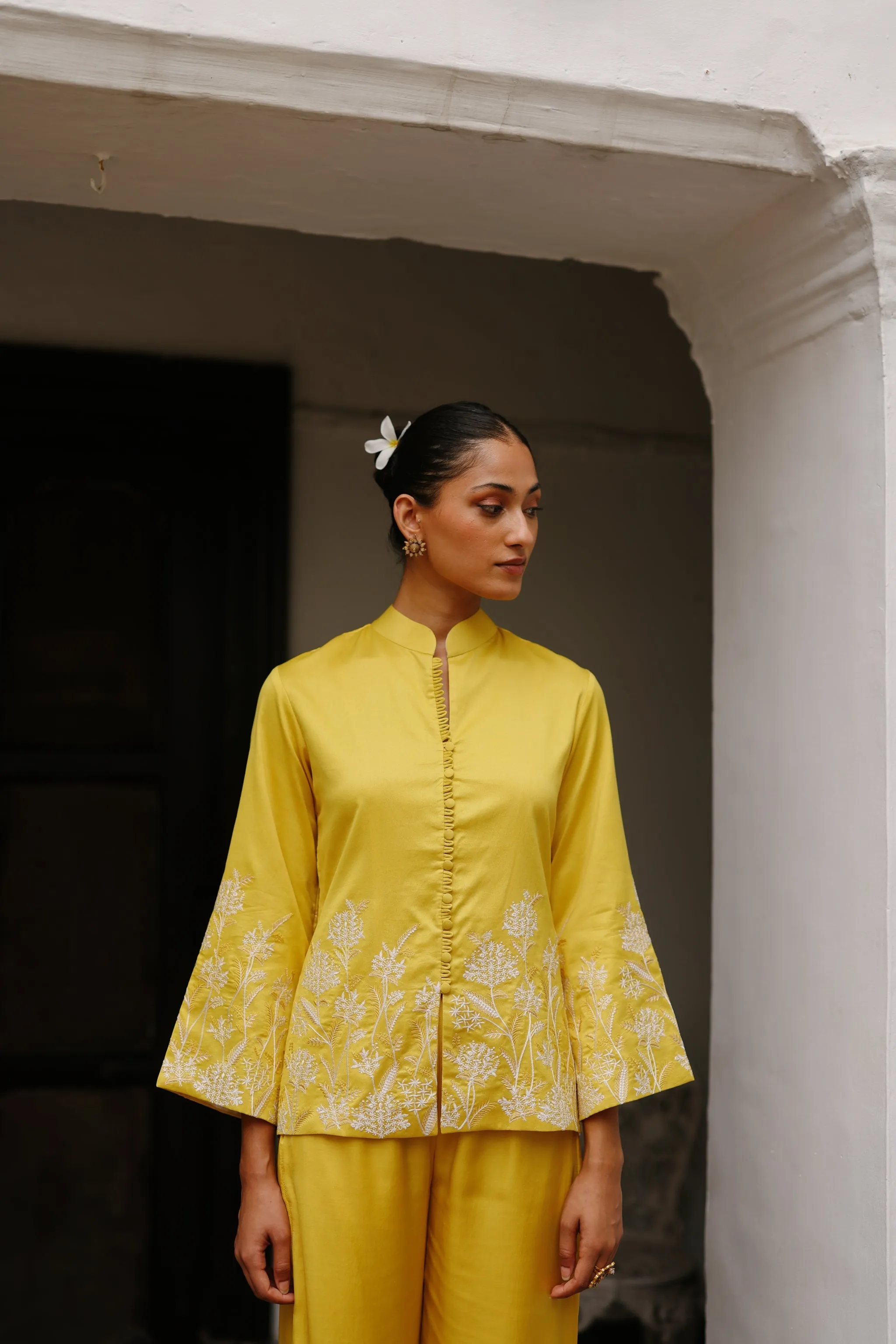 Yellow Embroidered Coat with Wide Pants