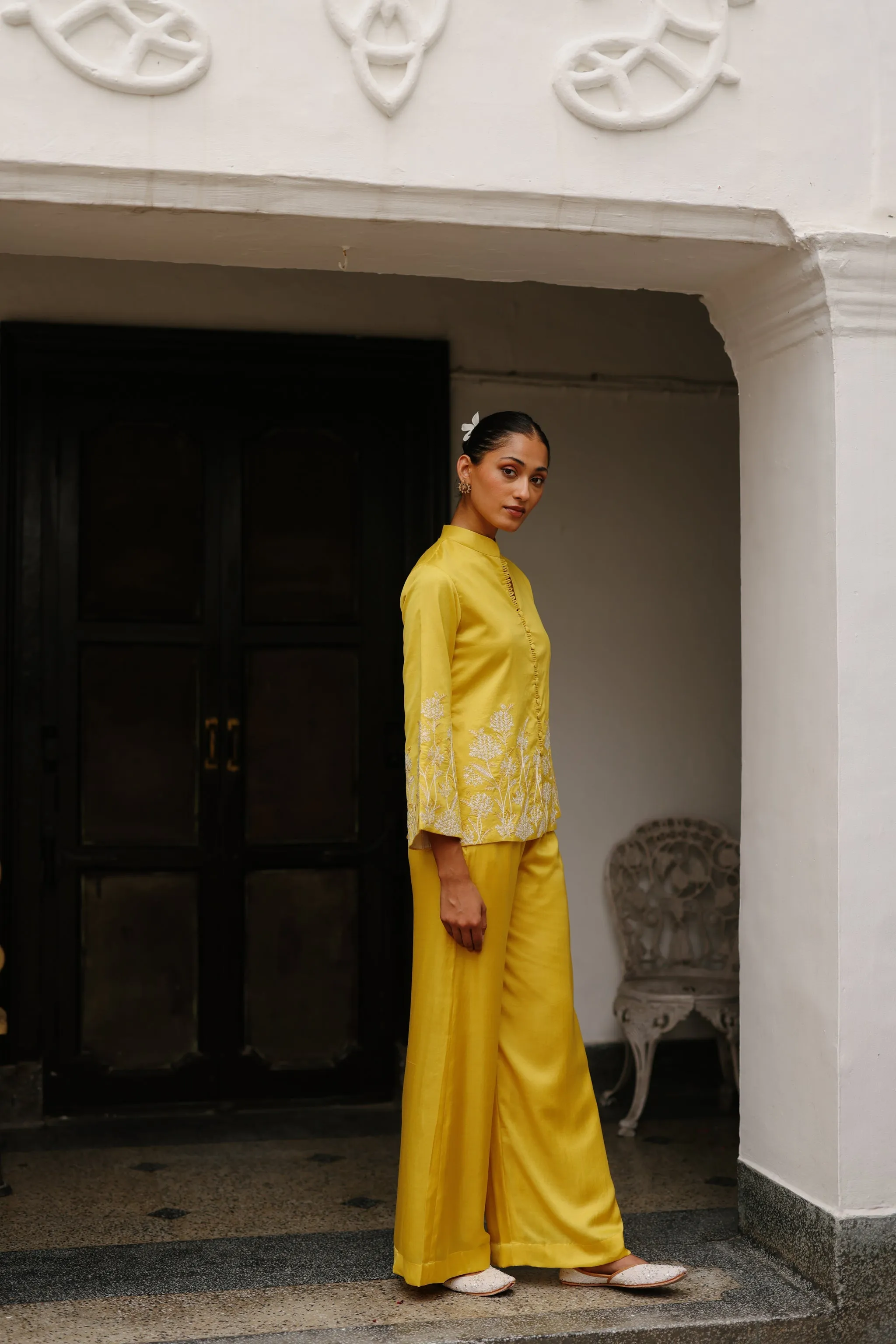 Yellow Embroidered Coat with Wide Pants