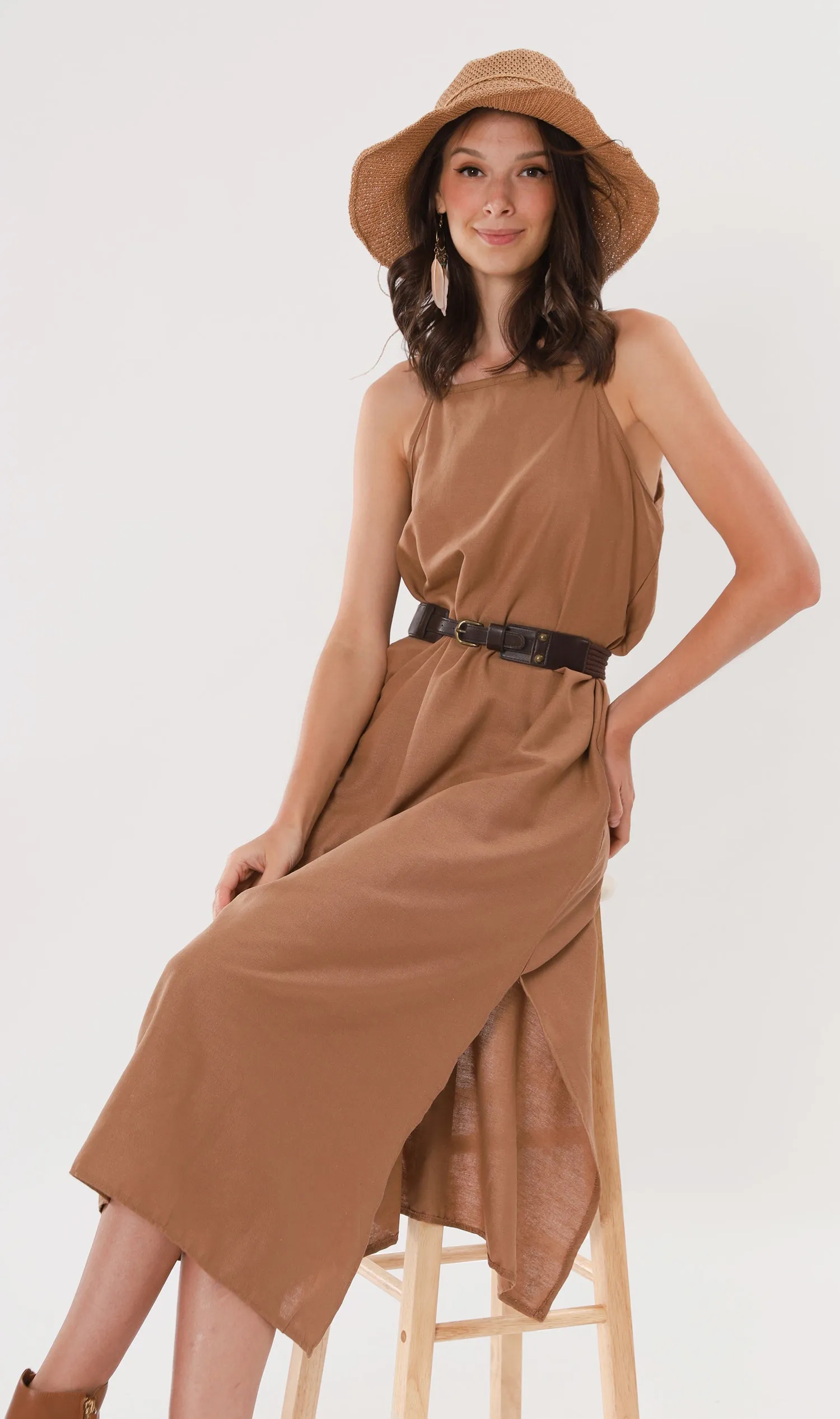 ZADIE Linen Slip Midi Dress (Mocha)