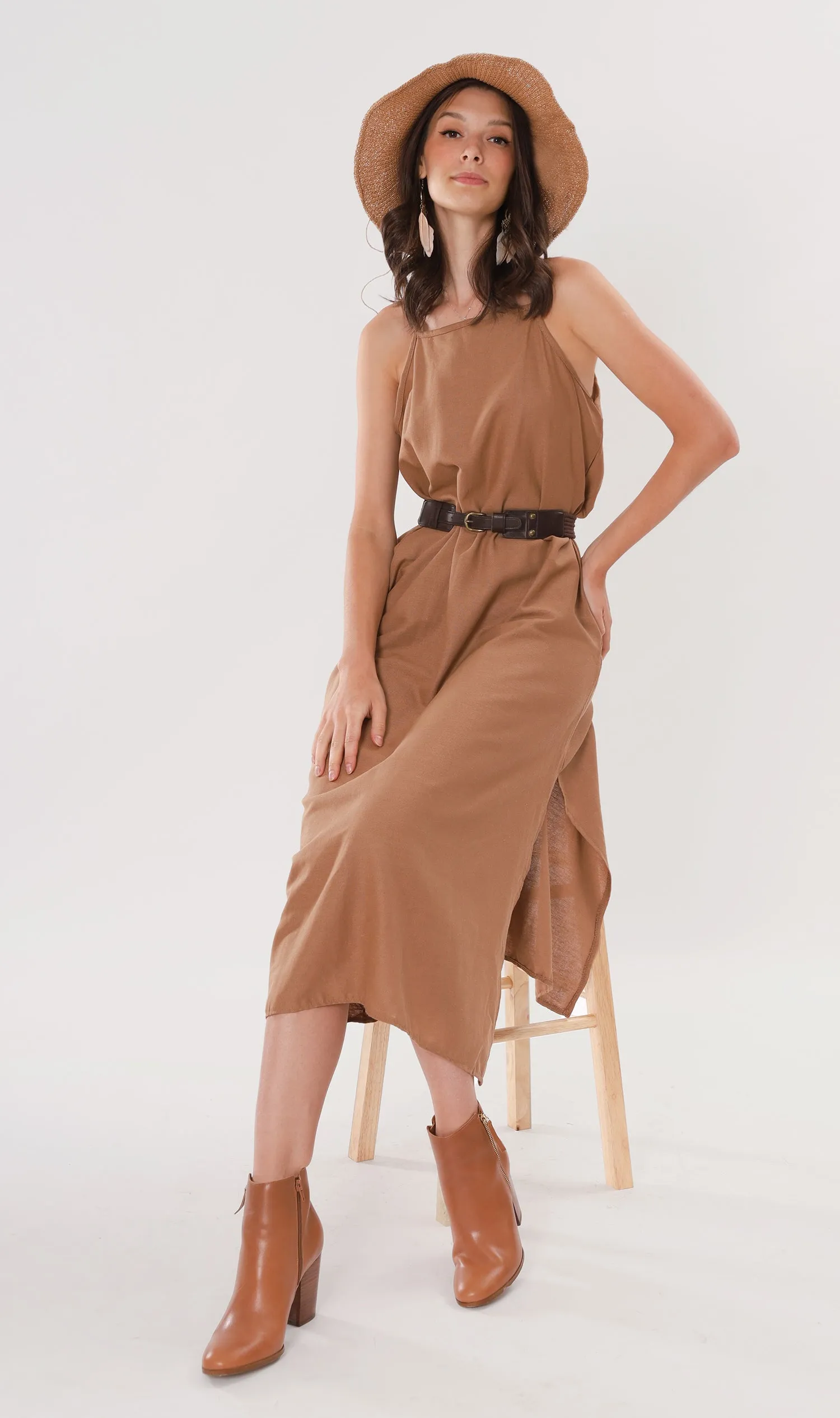 ZADIE Linen Slip Midi Dress (Mocha)