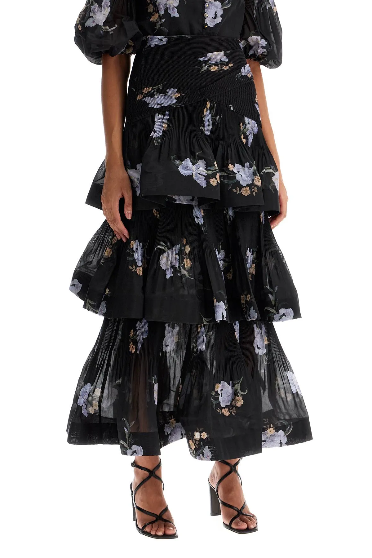 Zimmermann Pleated Ruffle Skirt With Floral Print